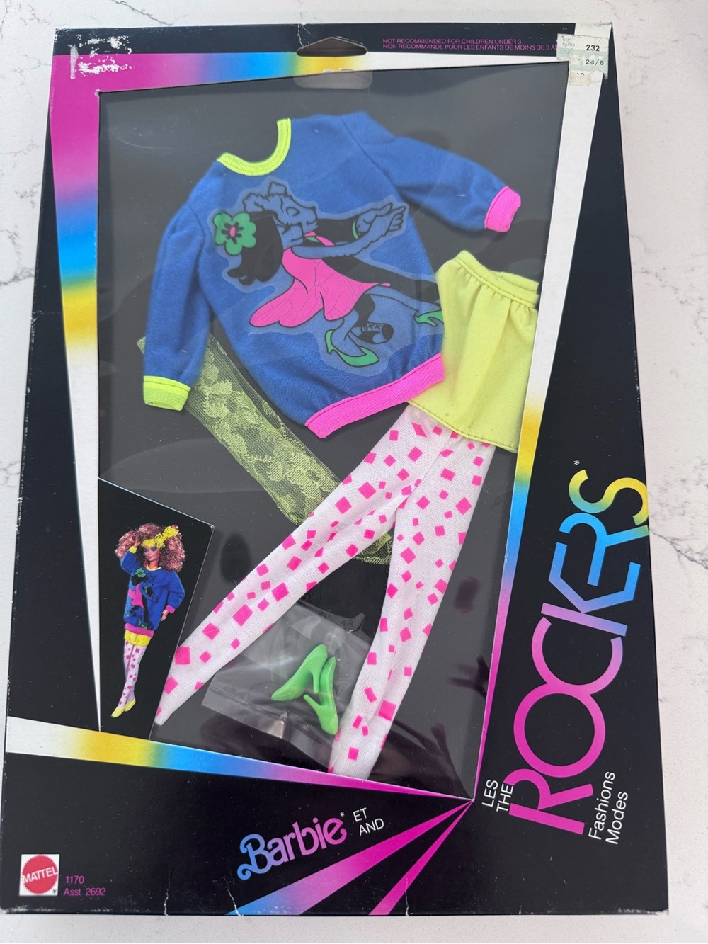 Vintage Barbie Blue Sweater with Pink Trim, Neon Yellow Skirt & Green Heels
